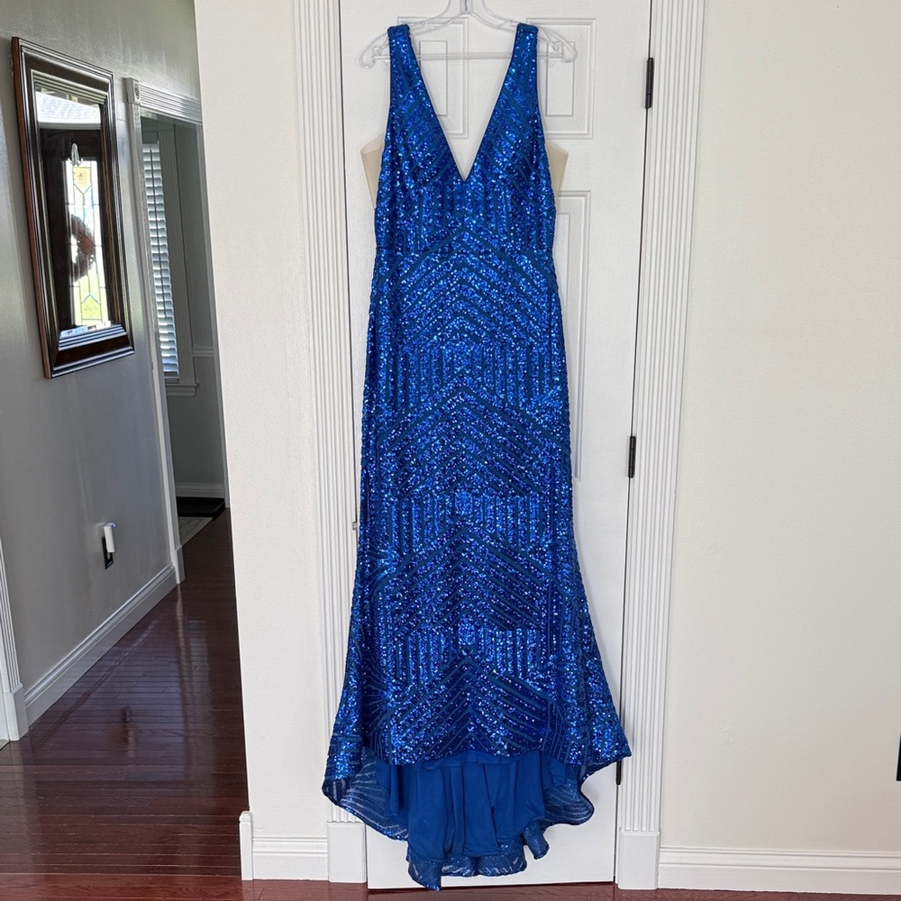 Mia Vega Royal Blue Sequin Hi Low Evening Prom Formal Gown Dress Sz 16 Like New